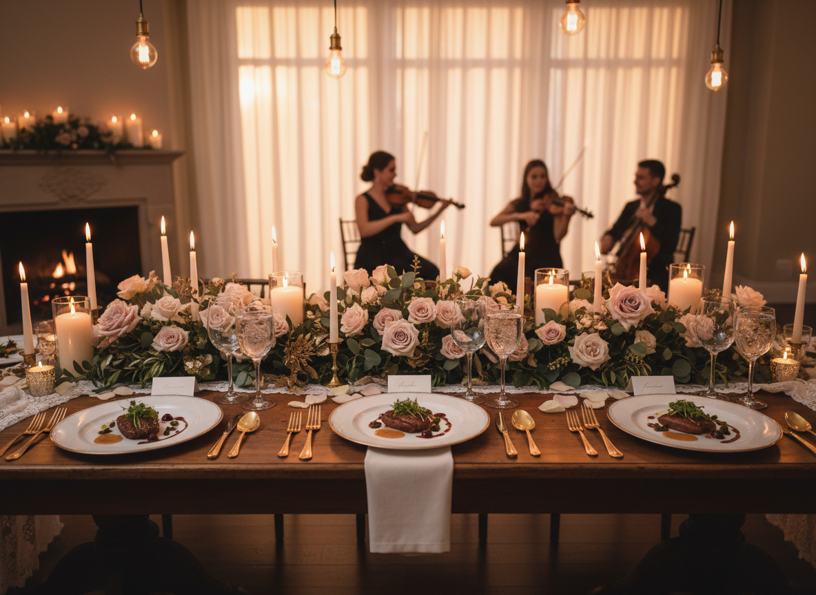 Mesa de celebración privada decorada con flores, velas y platos elegantes