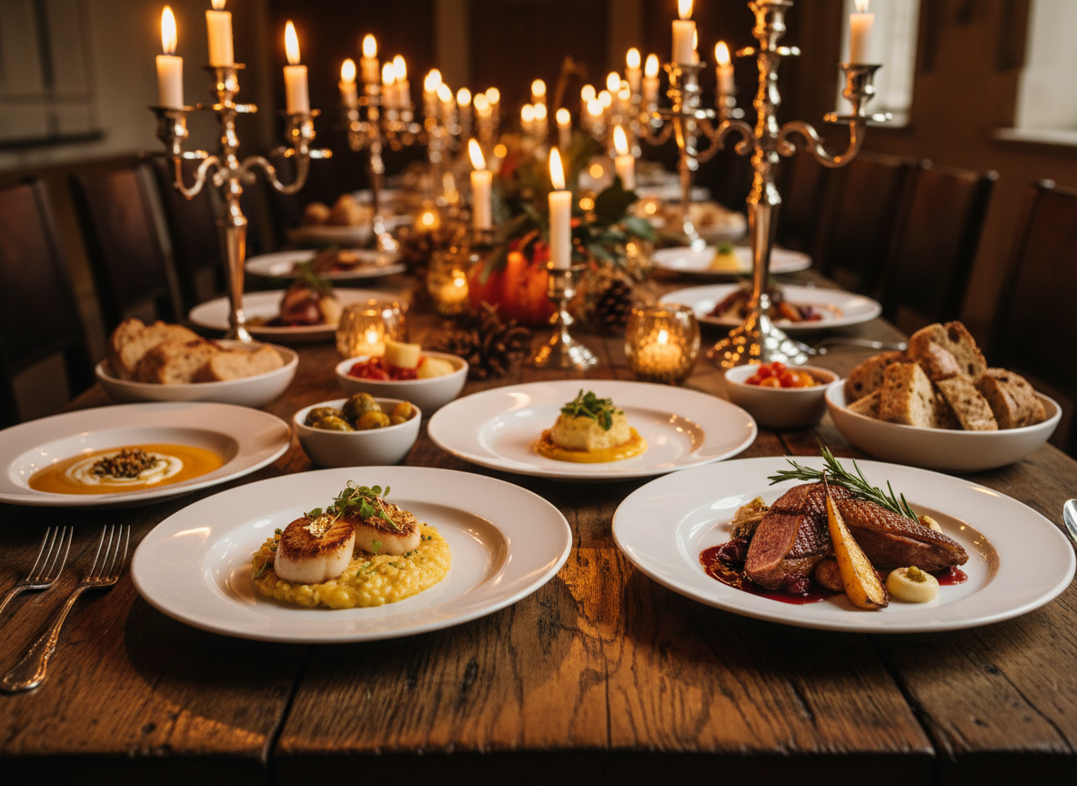 Mesa de alta cocina artesanal con platos gourmet y luz cálida de velas