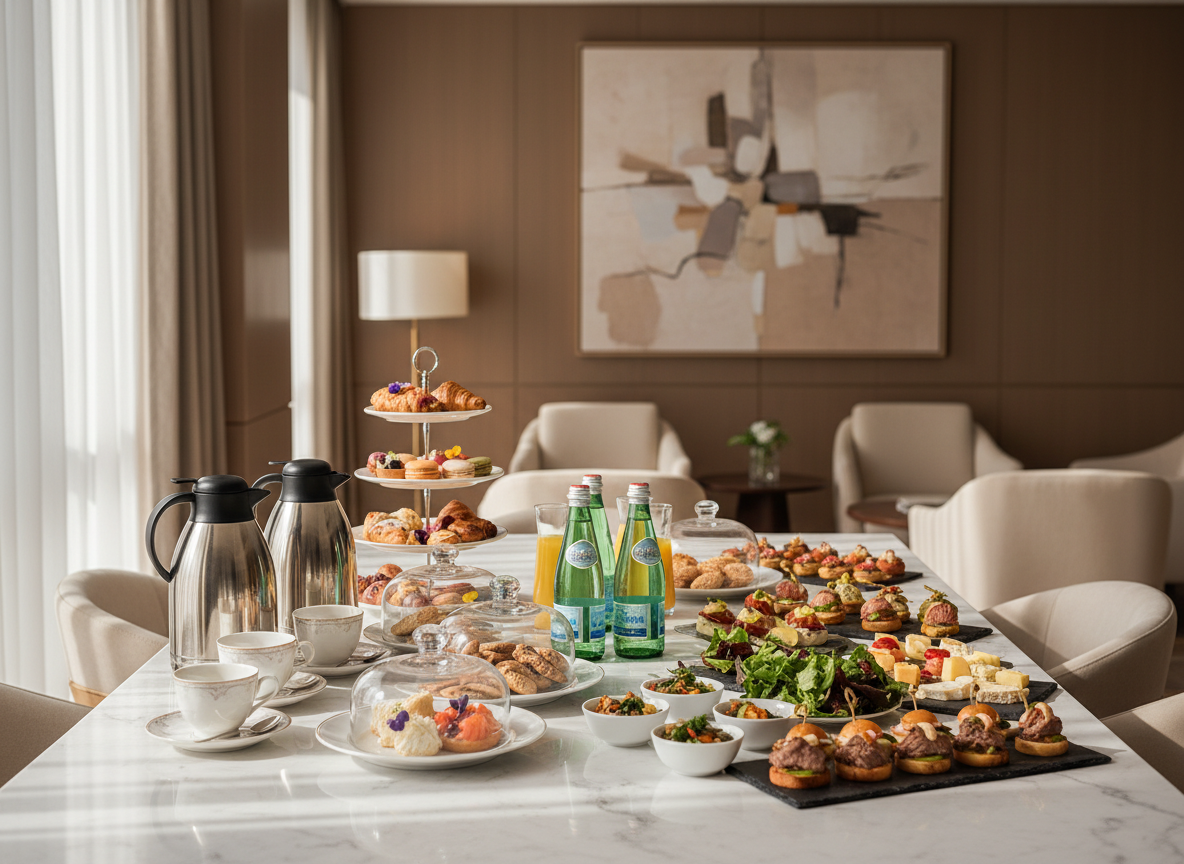 Montaje de catering corporativo elegante con canapés y bollería sobre mármol